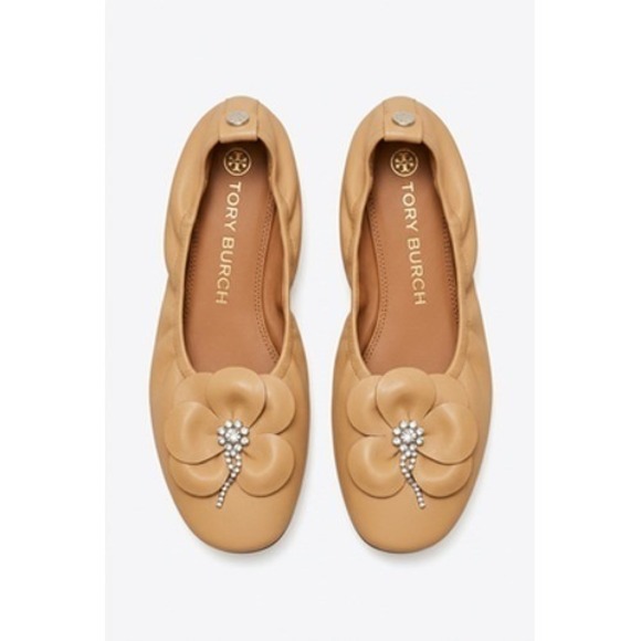 Tory Burch Shoes - Tory Burch Ballet Flat Shoes Women 9.5 Beige Leather Rhinestone Floral